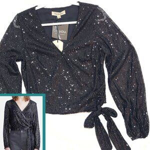 Vine & Love Sequin Wrap Crop Top size Medium M Black tie Surplice Sheer Arms